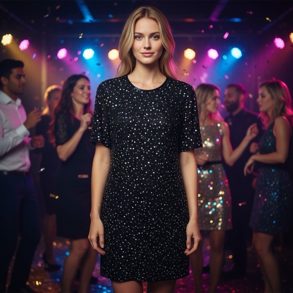 Vintage 100% Silk‎ Rainbow Sequin Beaded Midi Dress Party New Year’s Evening L
